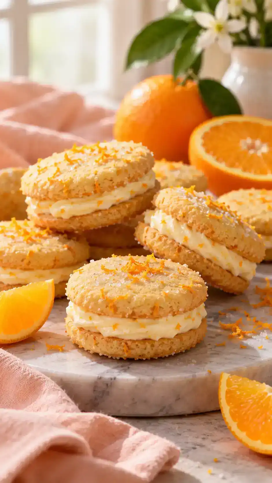 Orange-zest sugar cookies with a vanilla-orange cream filling reminiscent of a creamsicle.