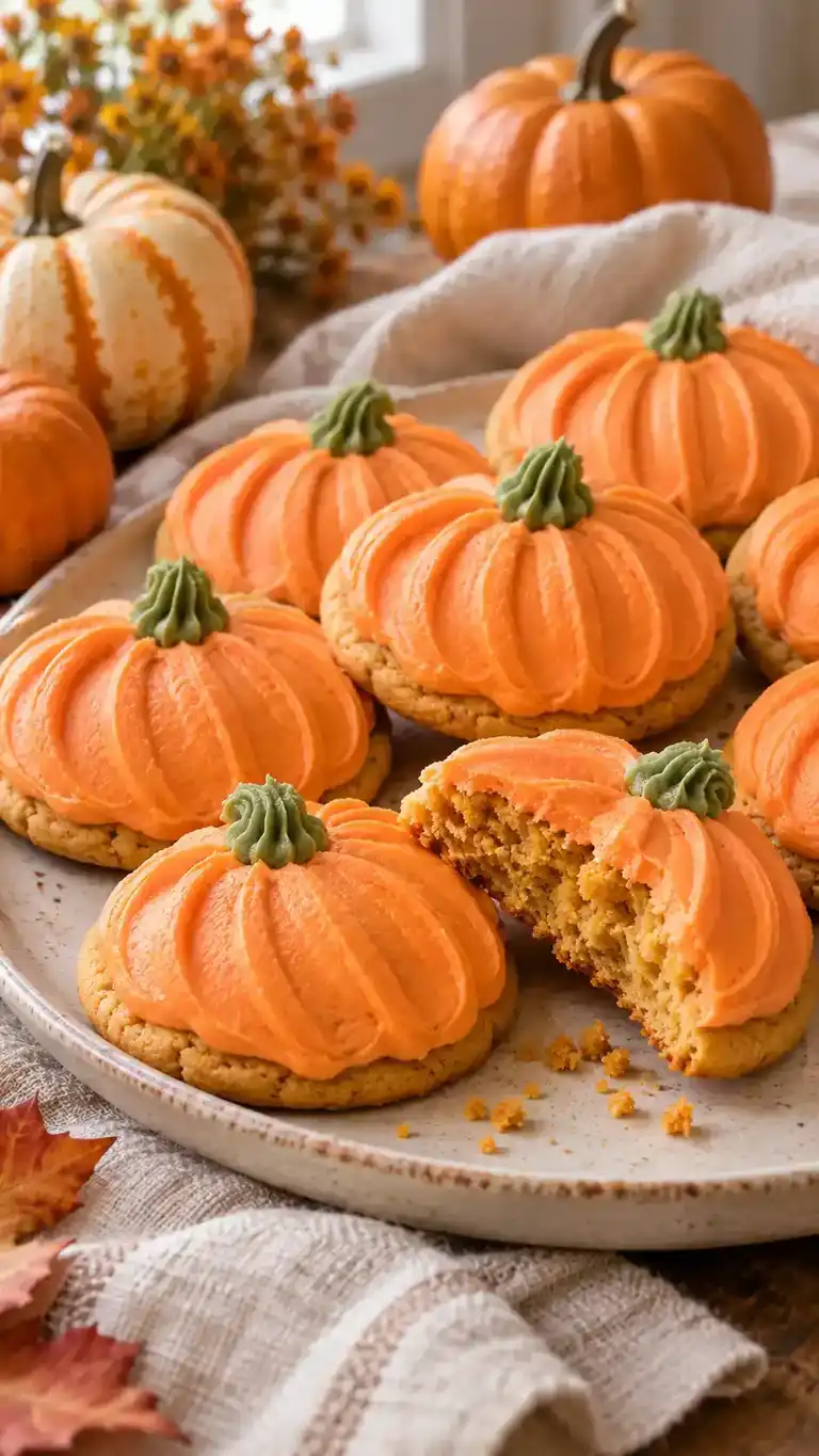 Soft pumpkin sugar-cookie cut-outs with real pumpkin puree, warm spices and orange-tinted buttercream ridges.