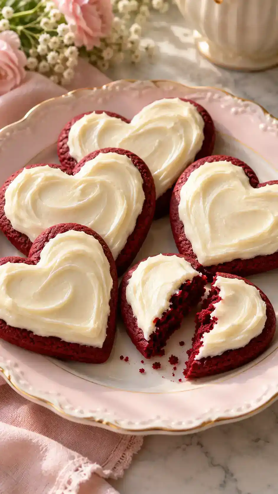 Red velvet sugar-cookie hearts with a subtle cocoa crumb and a smooth ivory cream-cheese frosting layer.