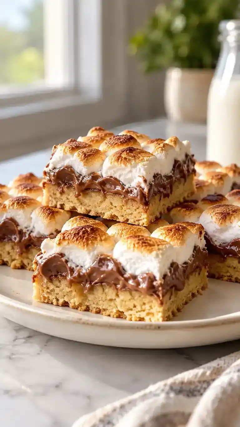 Vanilla sugar-cookie bars with chocolate and toasted marshmallow on top.