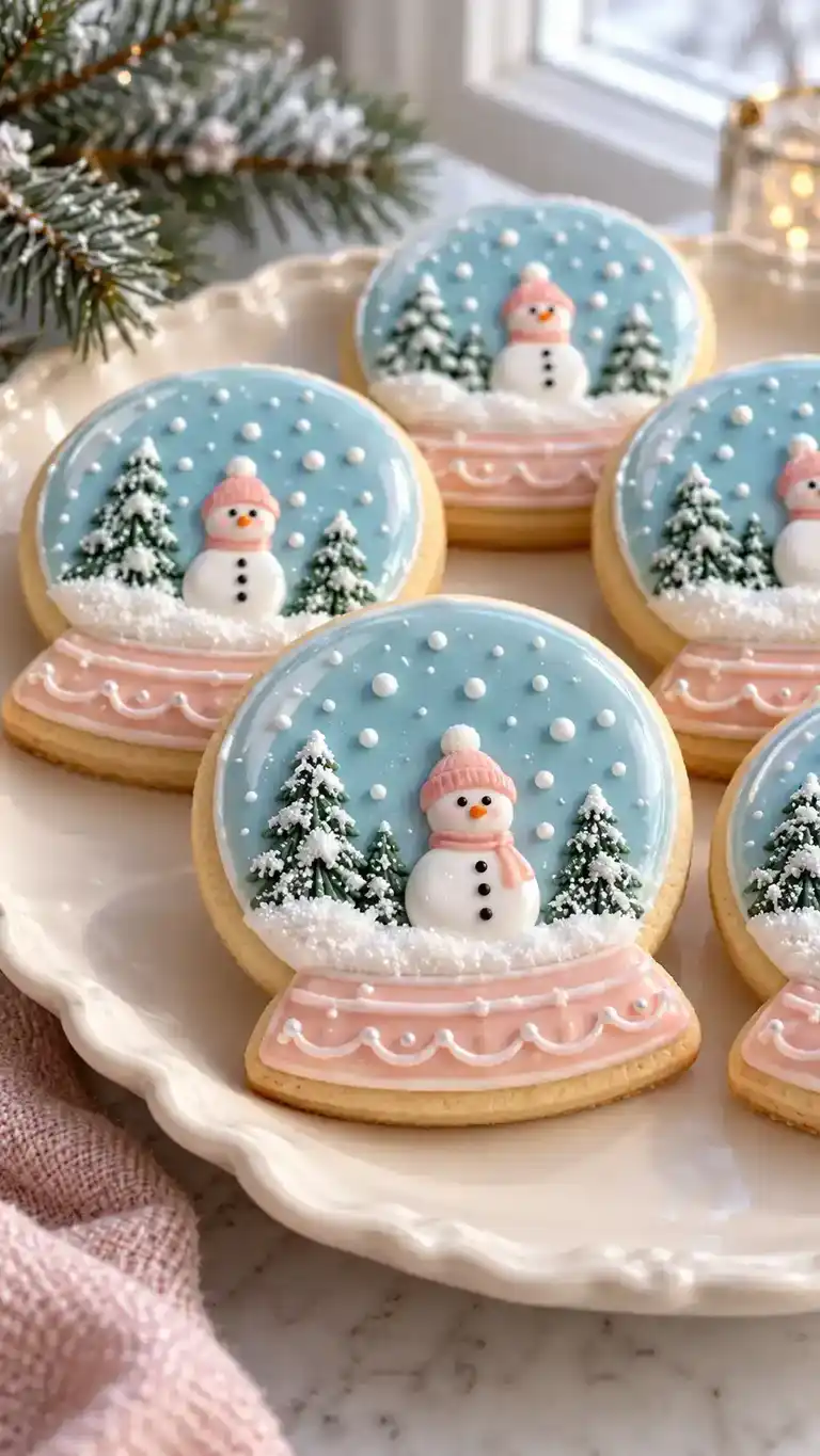 Snow-globe-shaped vanilla cookies with icy-blue scenes and tiny white snowman details.