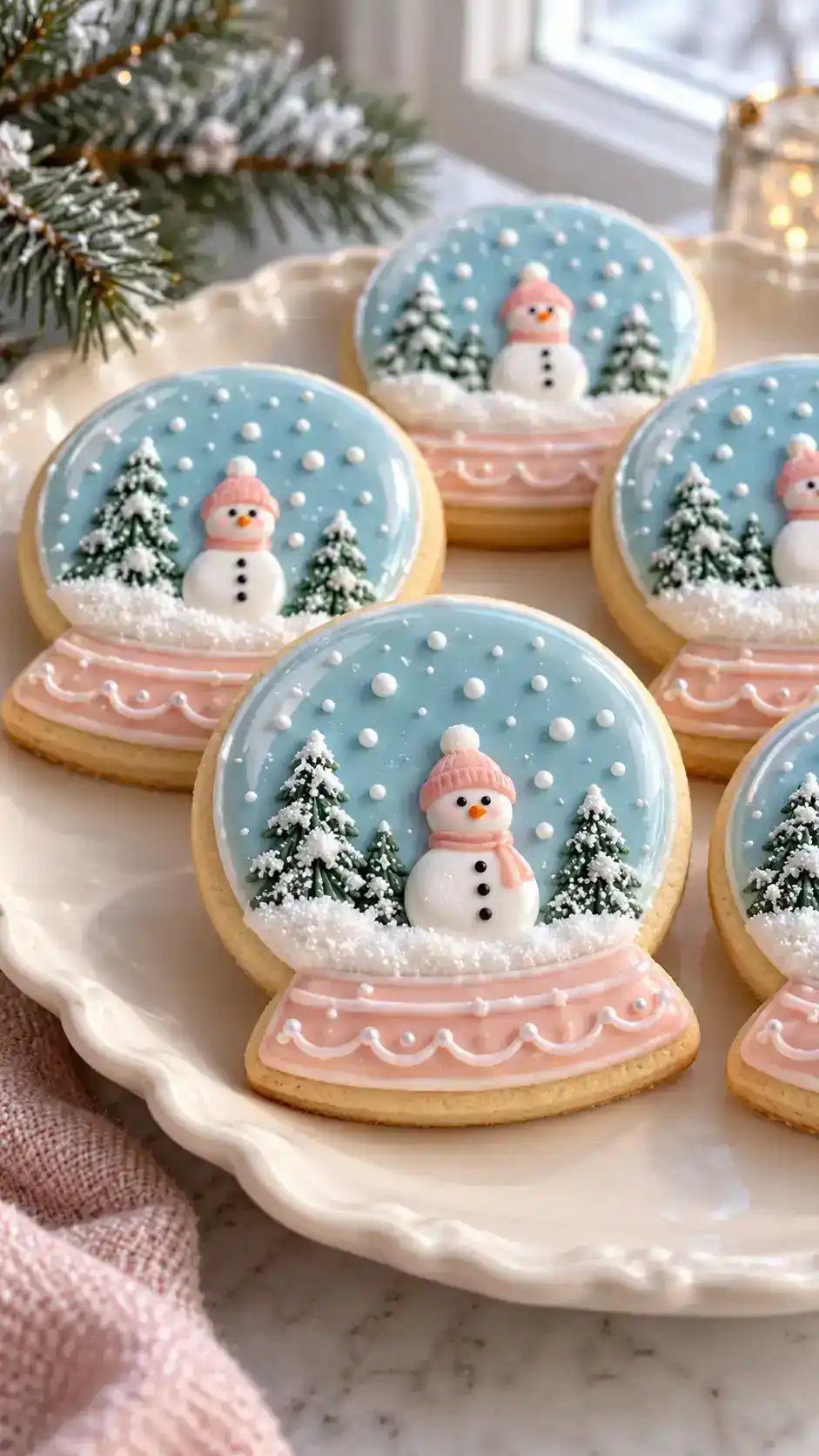 Snow-globe-shaped vanilla cookies with icy-blue scenes and tiny white snowman details.