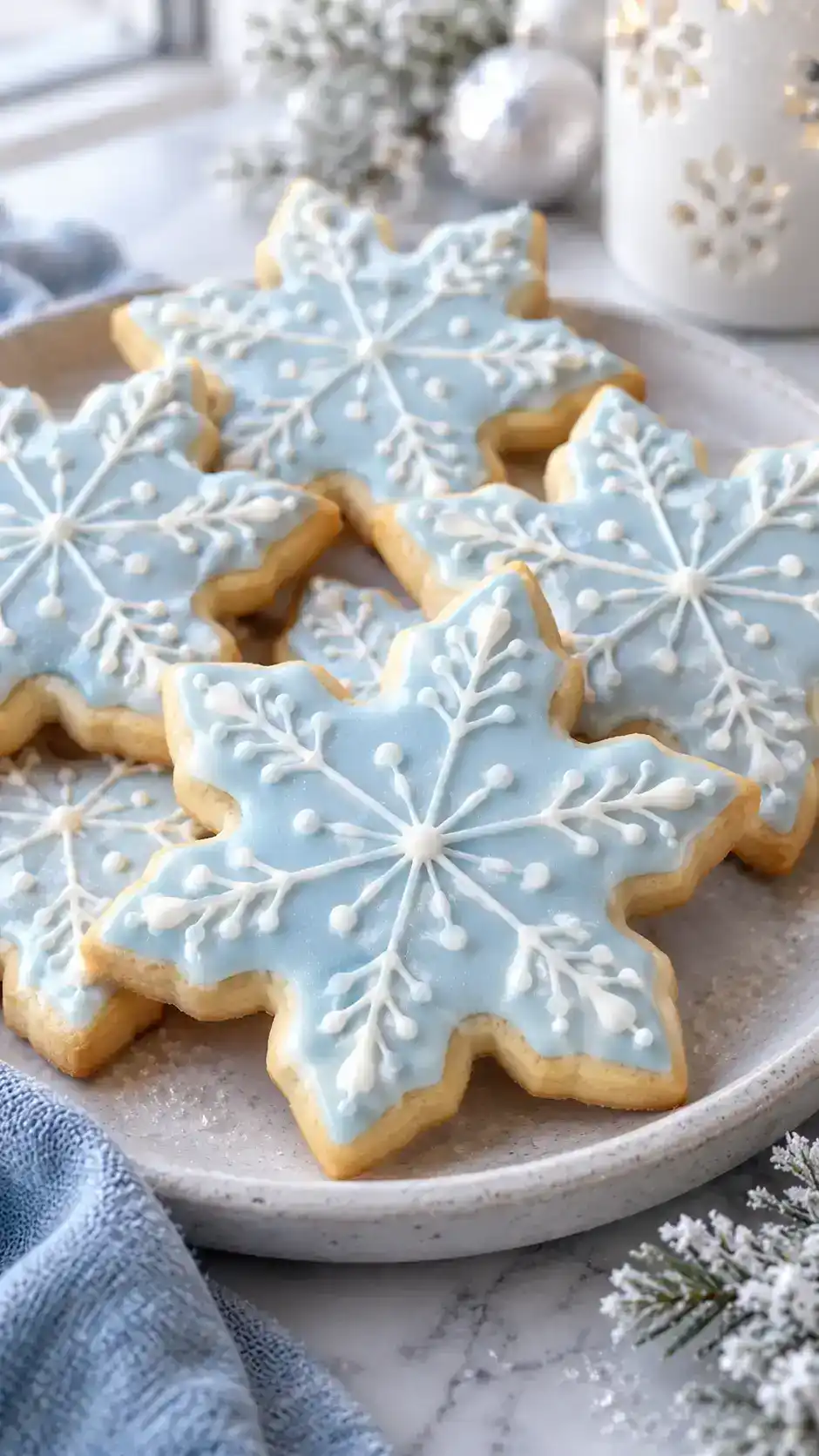Vanilla snowflake cookies with an icy-blue base and crisp white piped branches.