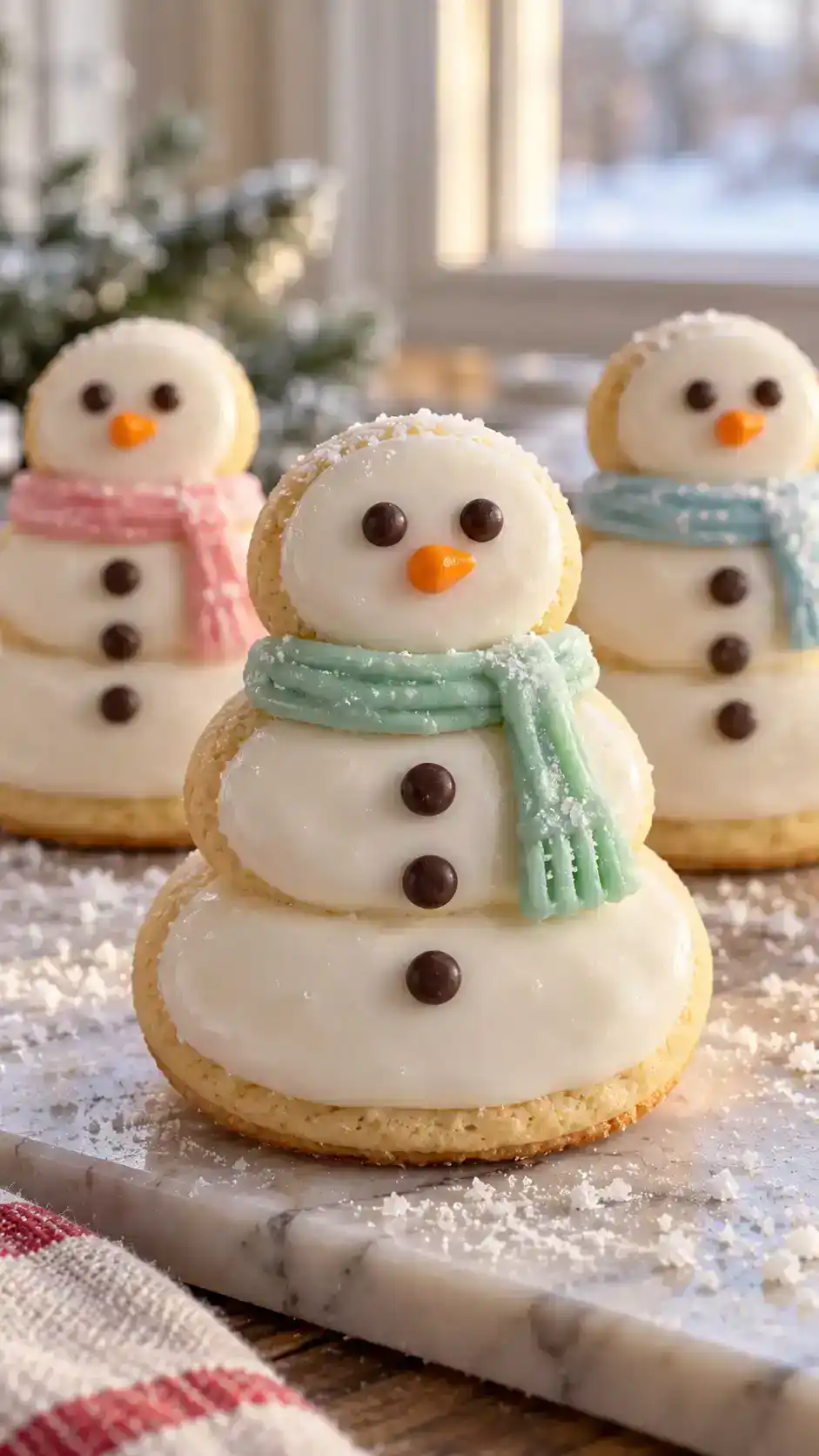 Three-size sugar-cookie stacks decorated with white icing, tiny faces and colored scarves.