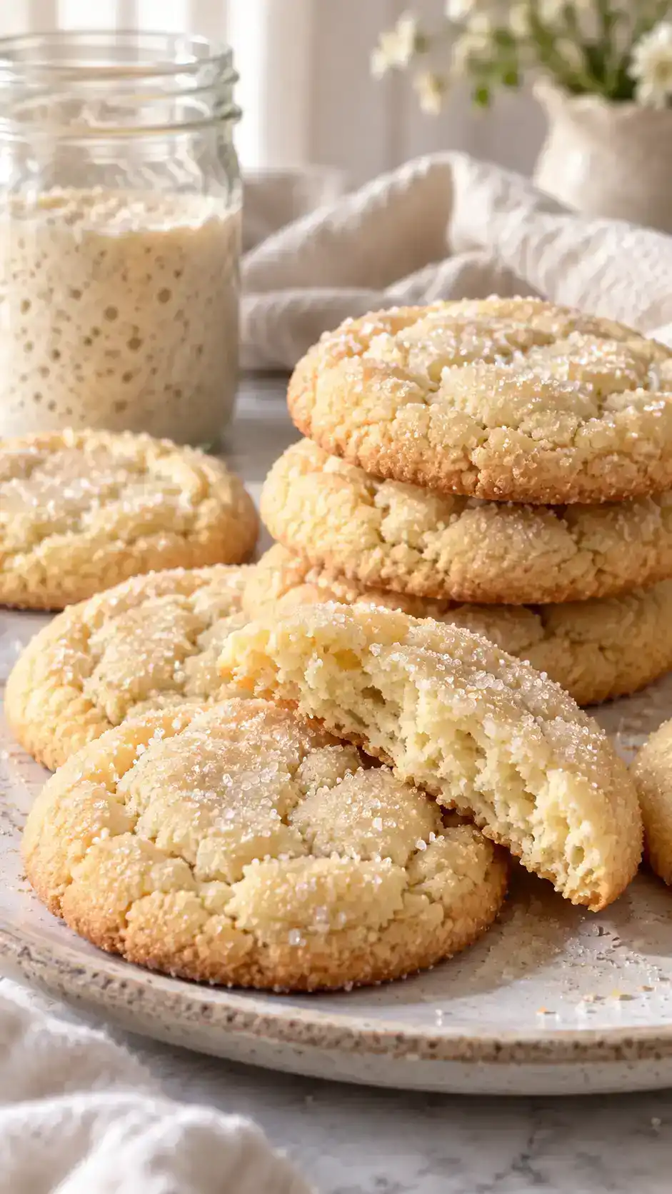 Tender sourdough-discard sugar cookies with a sparkling coating, vanilla flavor and a subtle cultured tang.