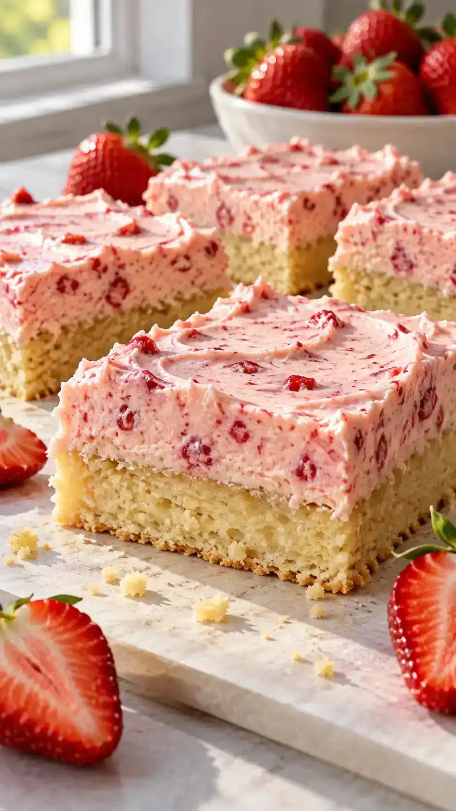 Vanilla sugar-cookie bars with naturally pink strawberry buttercream.