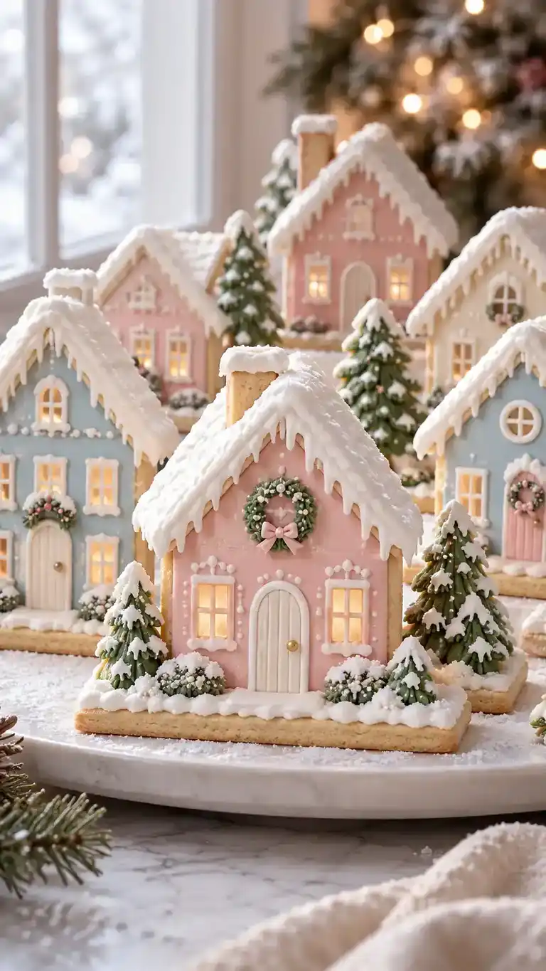 Little decorated sugar-cookie house fronts on edible bases, arranged as a snowy Christmas village.