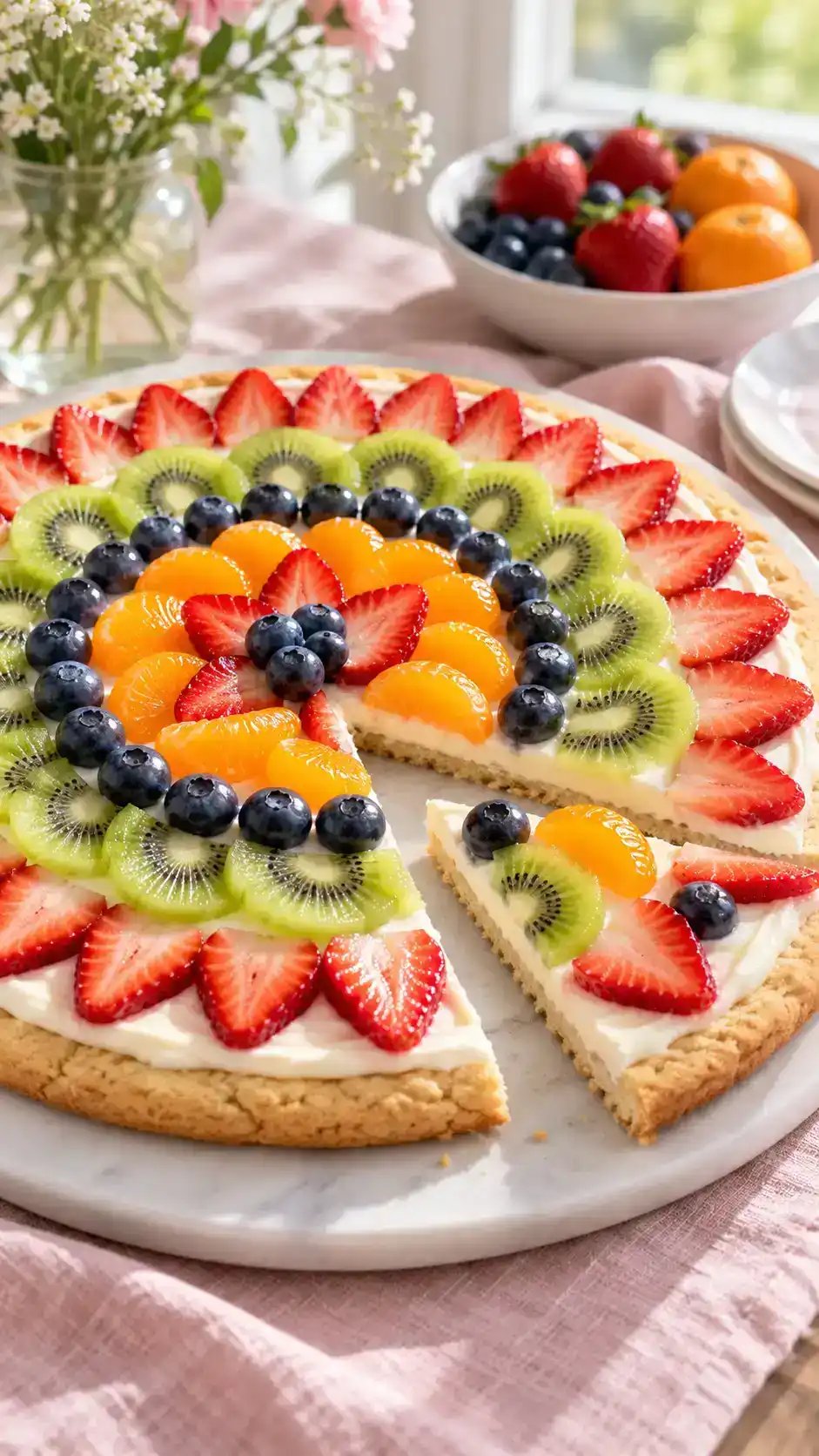 A soft round sugar-cookie crust with cream-cheese frosting and concentric rings of fresh colorful fruit.