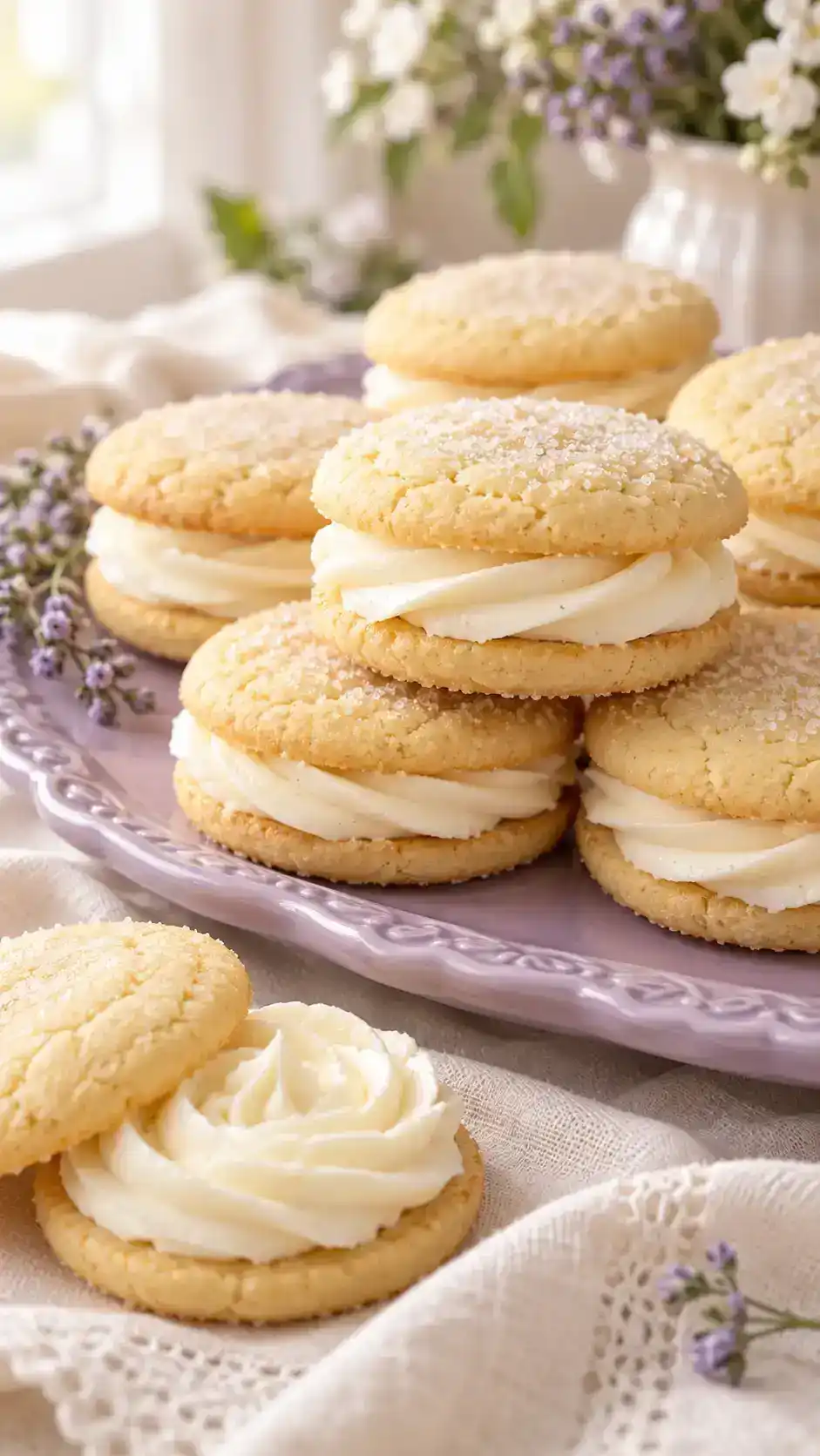 Small vanilla sugar-cookie sandwiches with a visible buttercream layer between two tender, lightly crisp rounds.