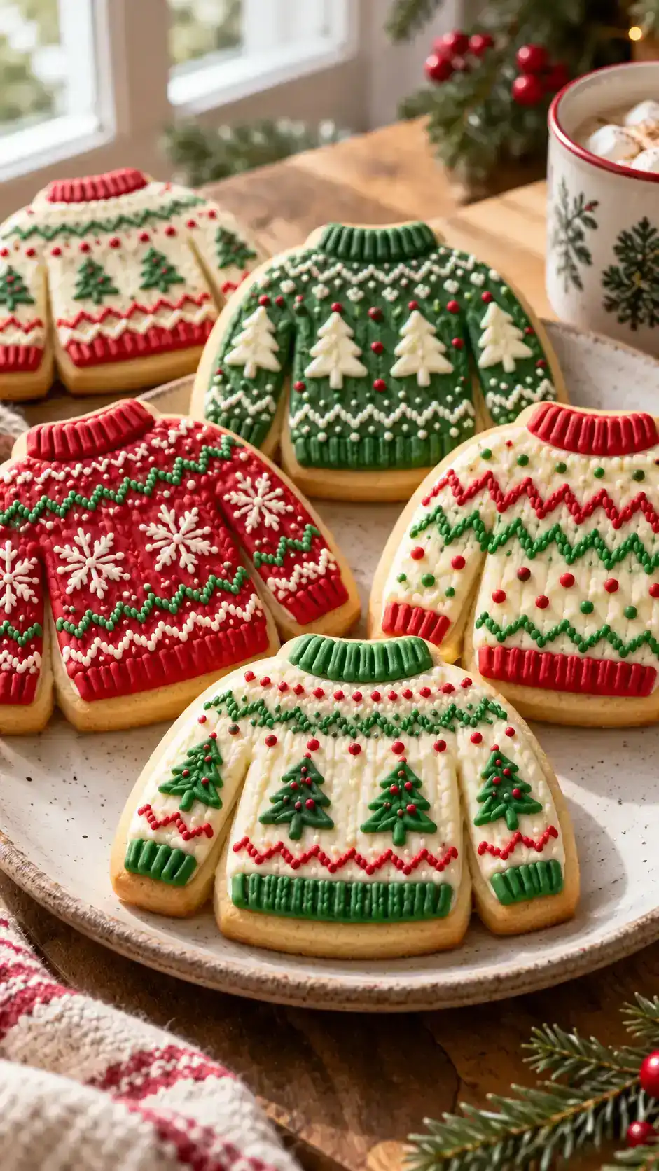 Sweater-shaped sugar cookies with cheerful icing stripes, tiny trees and deliberately playful patterns.