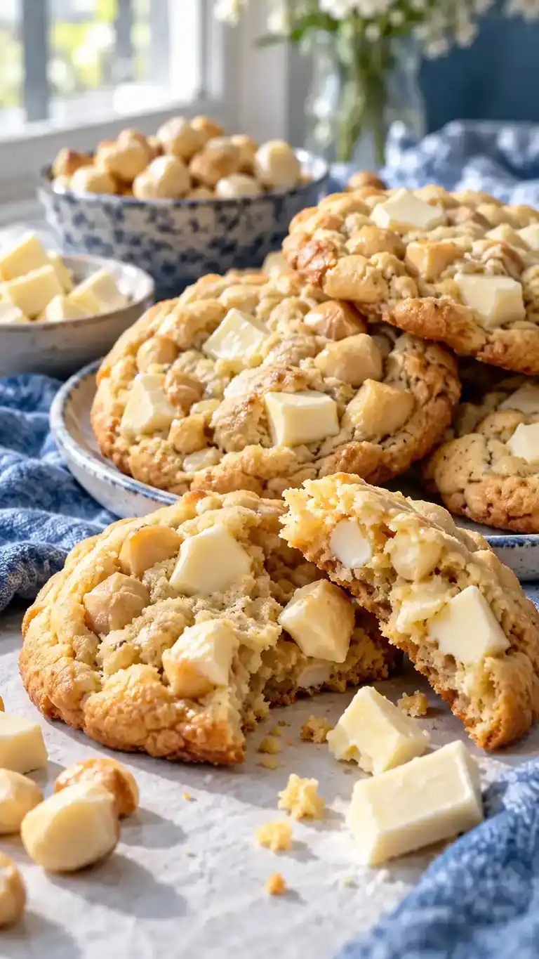 Vanilla sugar cookies loaded with creamy white chocolate and crunchy macadamias.