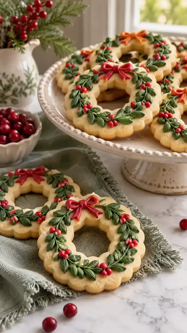 Vanilla cookie rings with green piped leaves and small red icing berries.