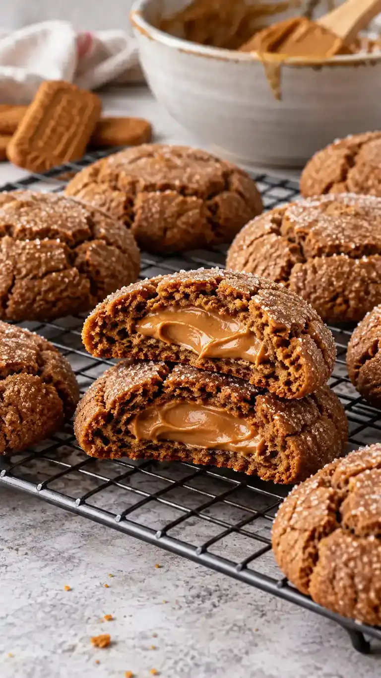 Biscoff-stuffed gingerbread cookies with a smooth spiced cookie-butter center visible inside a chewy molasses shell.