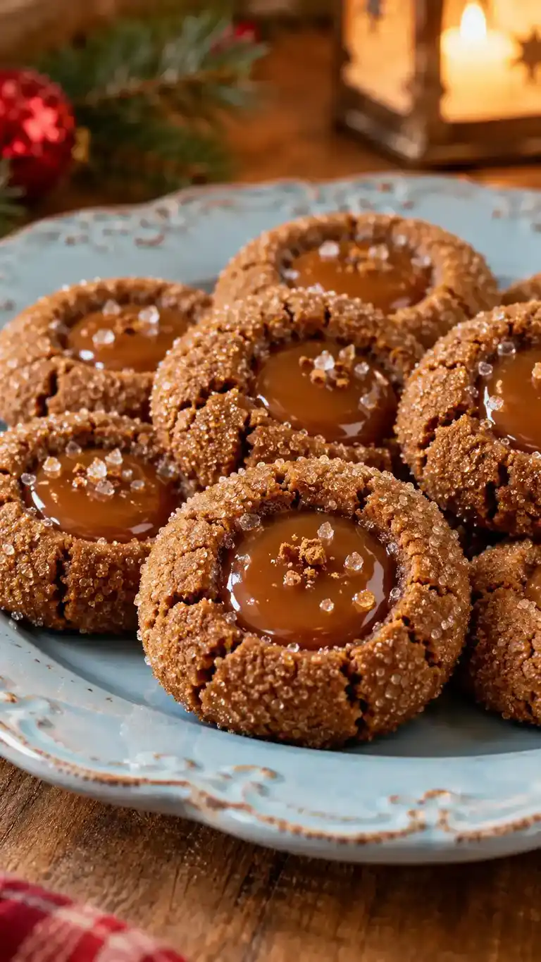 Sugar-crusted gingerbread thumbprint cookies with clearly defined wells filled with thick, glossy caramel.