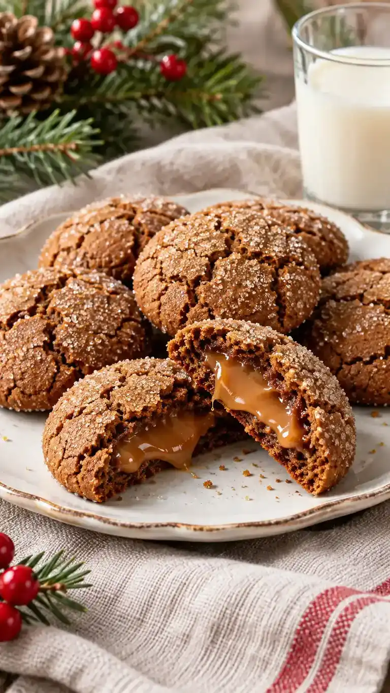 Large caramel-stuffed gingerbread cookies with a sugar crust and an enclosed chewy caramel center.