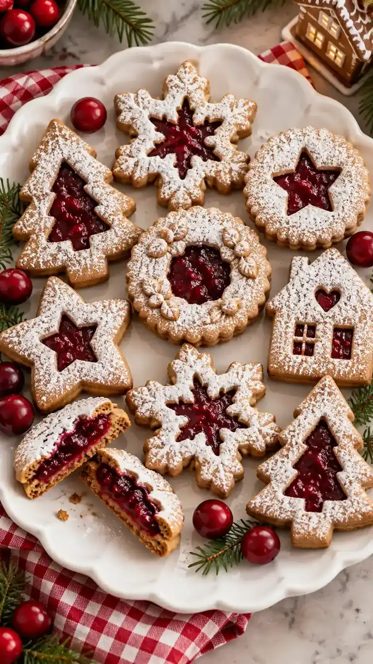 Gingerbread-spiced almond Linzer sandwiches with ruby cranberry jam windows and a light snowy dusting of confectioners sugar.