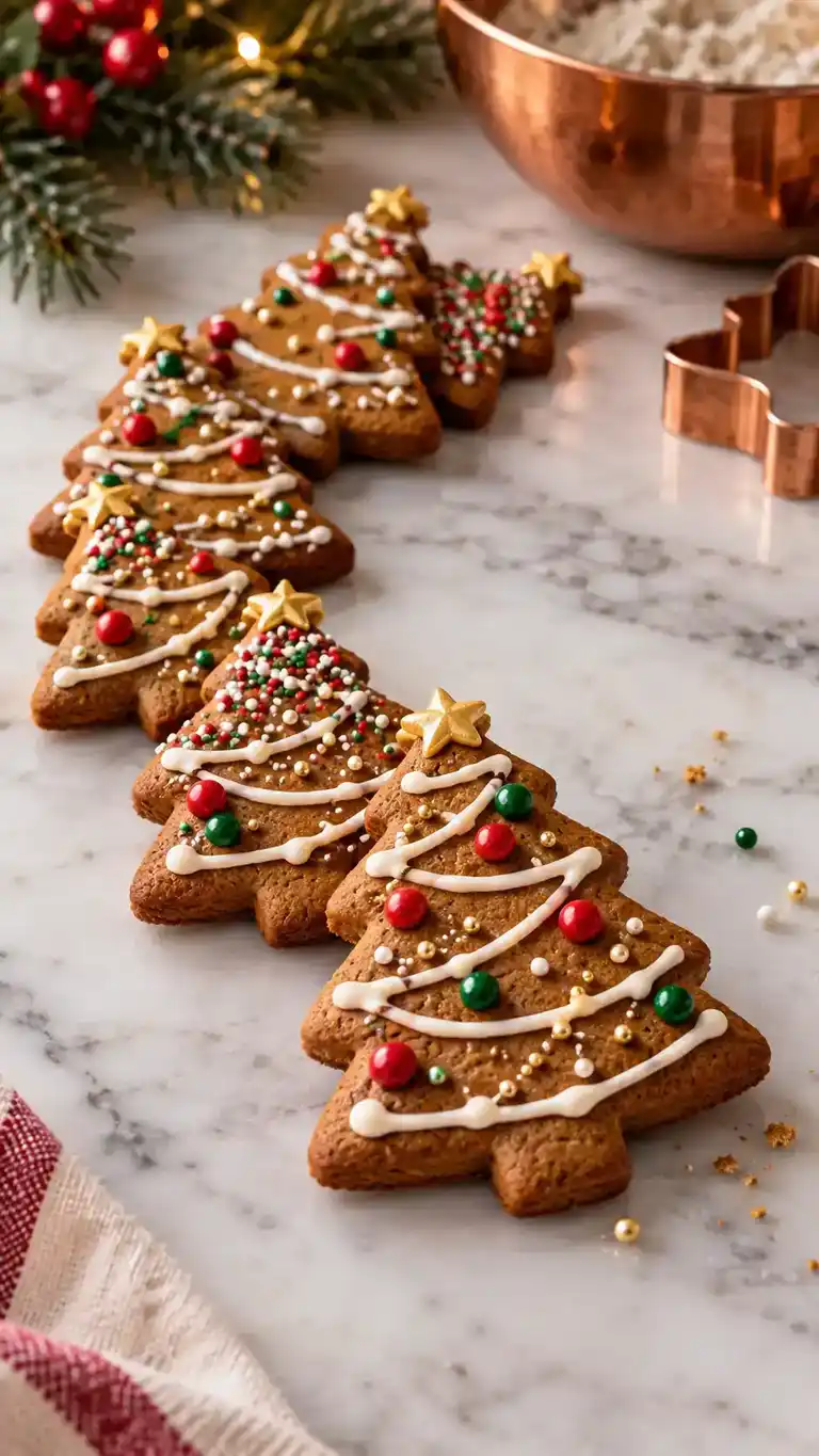 Christmas tree gingerbread cut-outs with piped garlands and tiny icing ornaments, made with molasses, ginger and cinnamon.