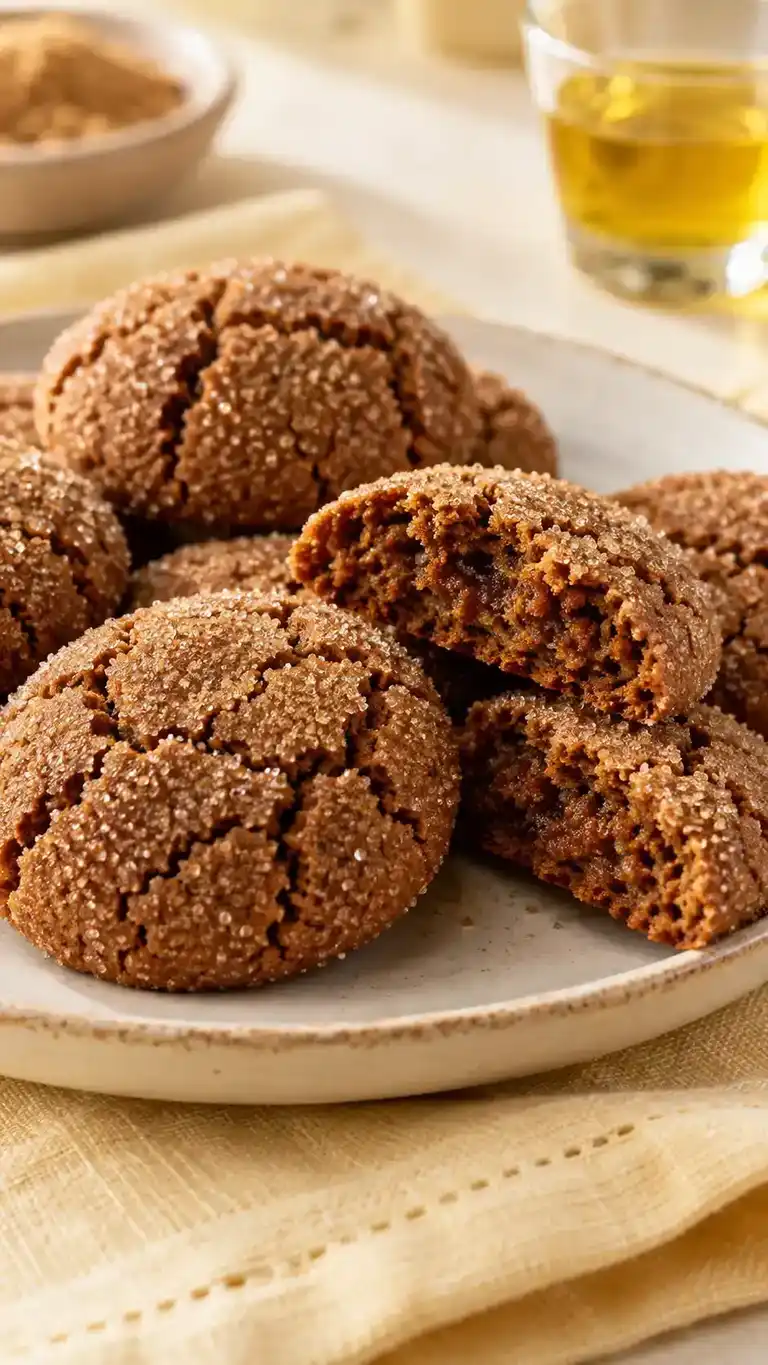 Soft gingerbread cookies made with neutral canola oil instead of butter, with a molasses center and coarse sugar crust.