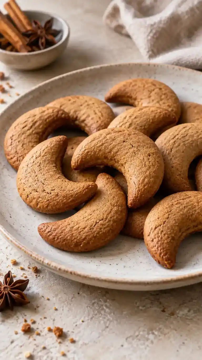 Butter-free gingerbread crescents made with plant-based baking sticks, molasses and a flaxseed binder.