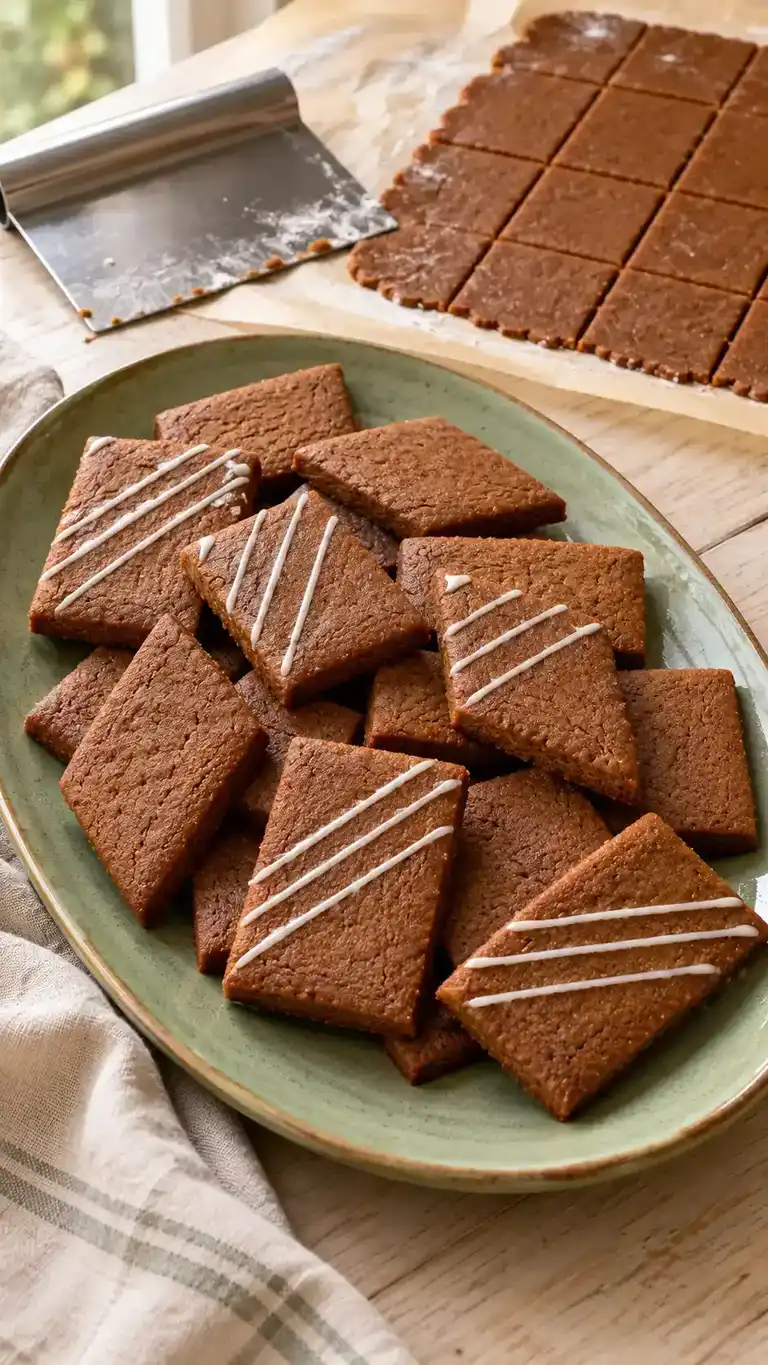 Hand-cut rectangular gingerbread cookies with straight knife-cut edges and simple icing lines, made without cookie cutters.
