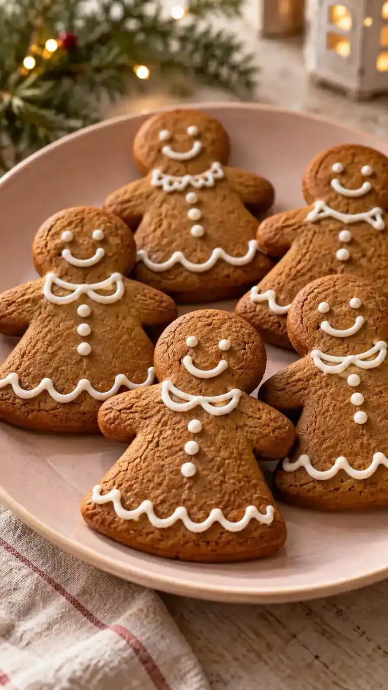 Gingerbread woman cut-out cookies with a clear Christmas silhouette and fine white icing details.