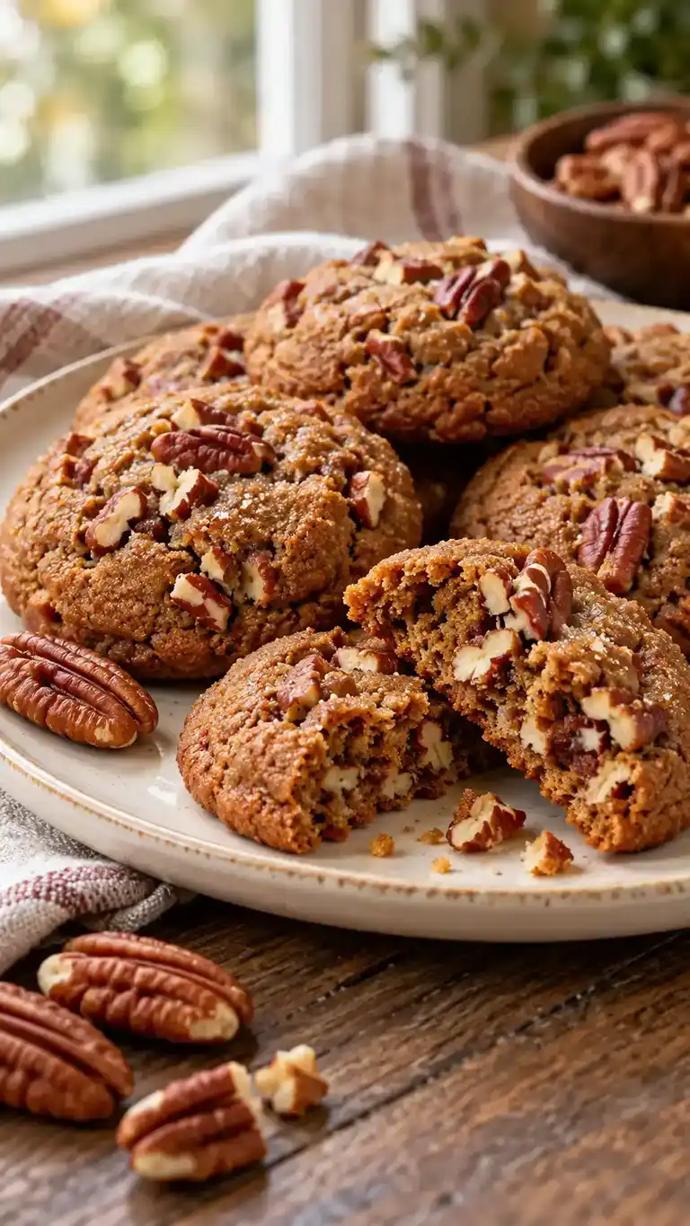 Chewy gingerbread drop cookies studded with chopped toasted pecans for a fragrant nutty crunch.