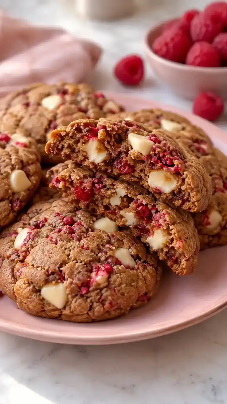 Raspberry white chocolate gingerbread cookies with pink freeze-dried raspberry flecks and visible white chocolate chips.