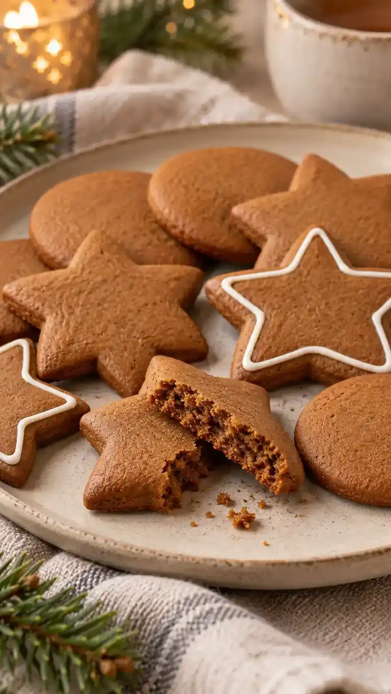 Thick star and round gingerbread cookies with simple white icing and a broken star showing the tender center