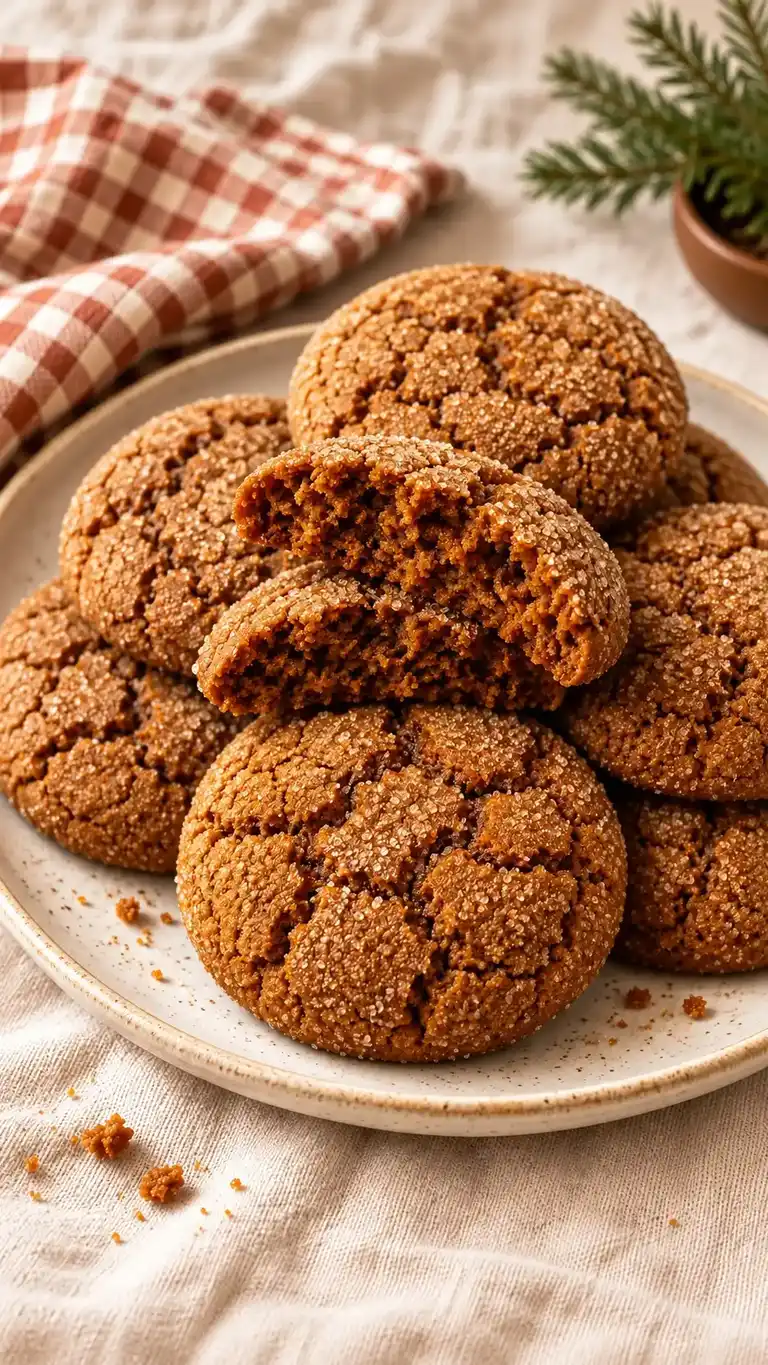 Soft gingerbread cookies with crackled sugar tops stacked on a plate