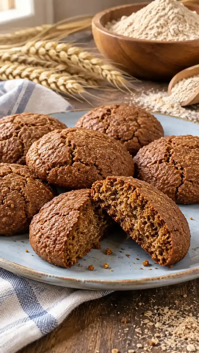 Soft whole-wheat gingerbread drop cookies with a rustic bran-speckled crumb and a balanced whole-wheat and all-purpose flour blend.