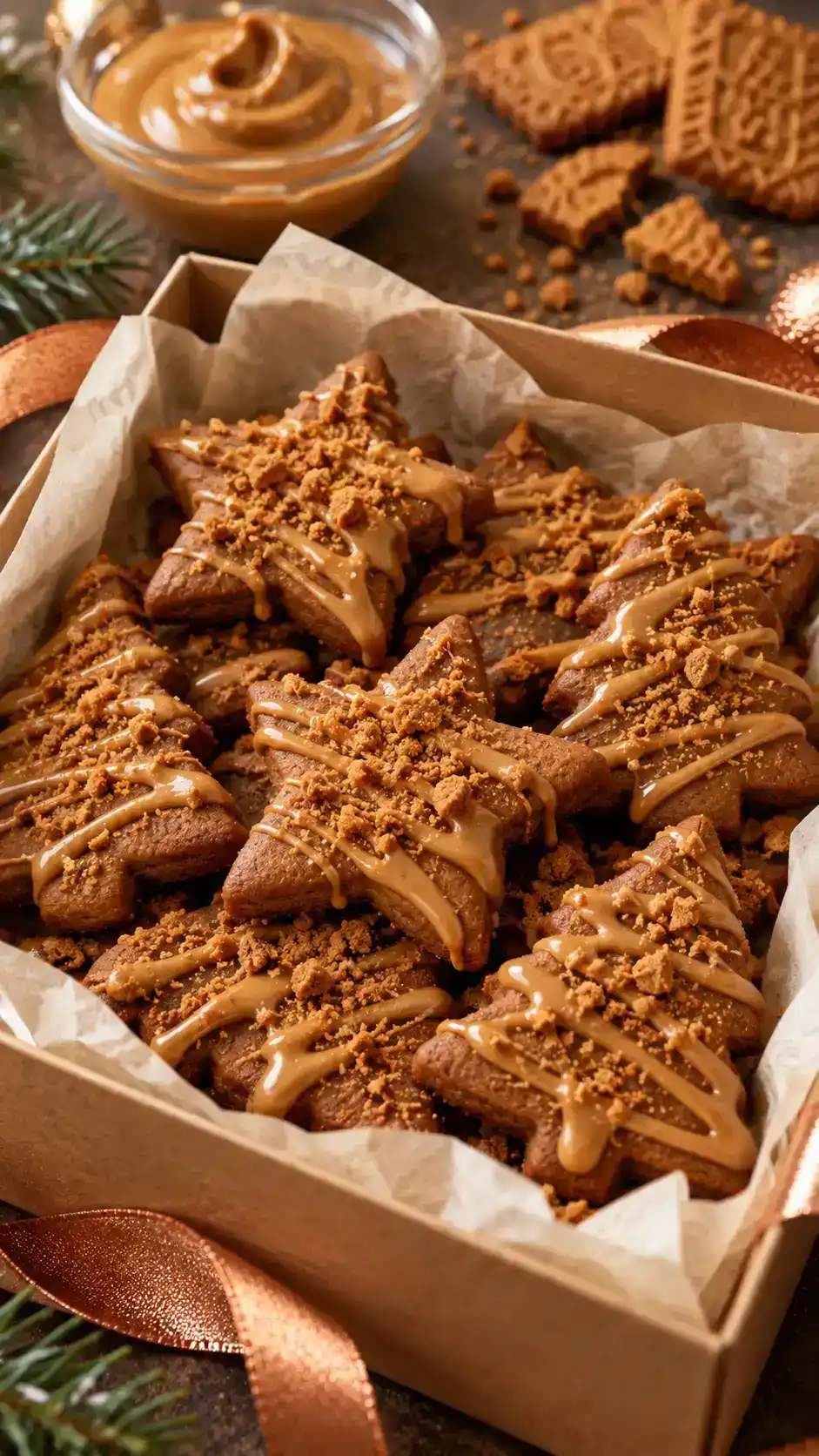 Gingerbread cut-outs drizzled with tan Biscoff cookie butter and finished with crunchy speculoos cookie crumbs.