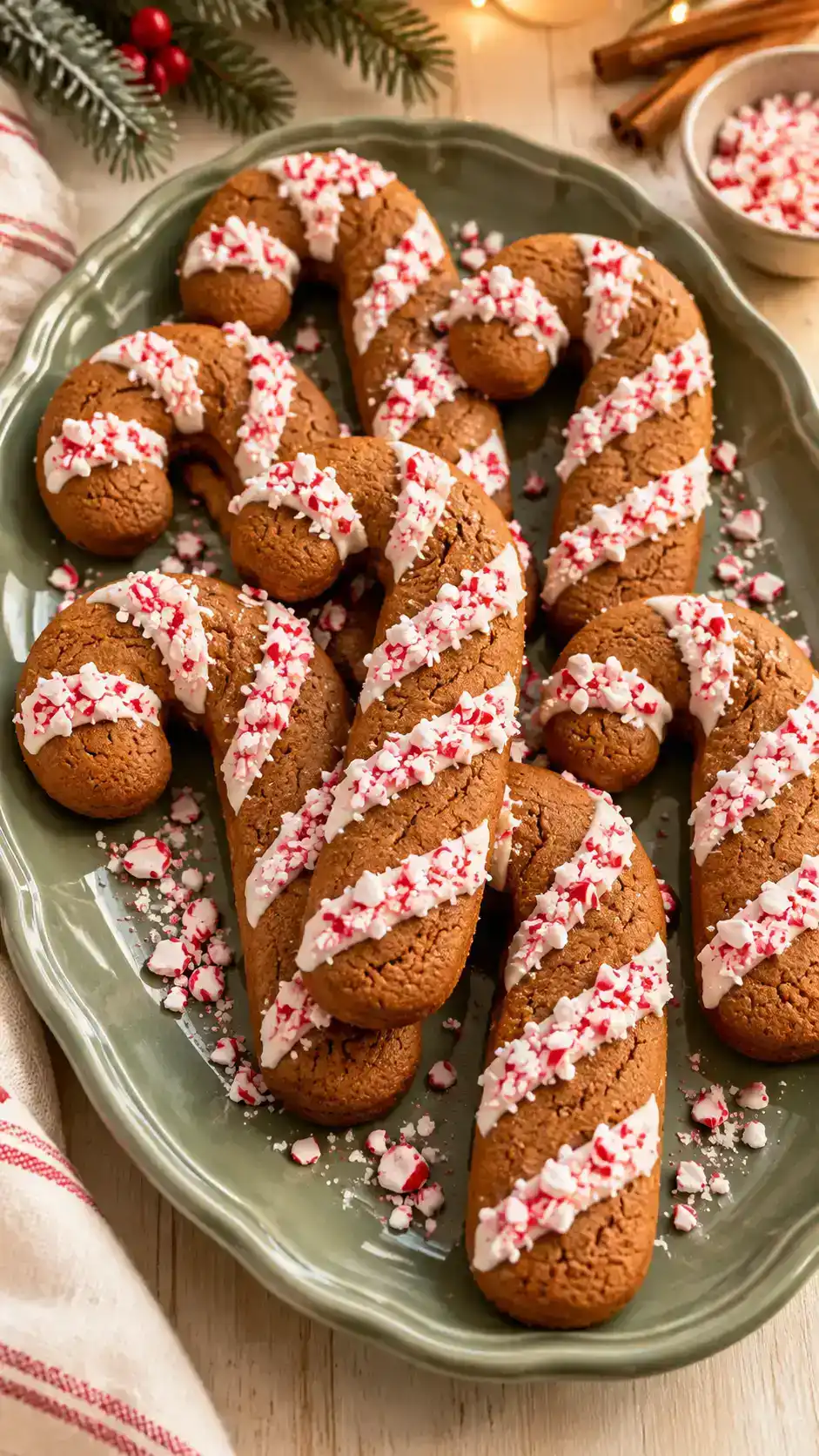 Candy cane-shaped gingerbread cookies with white chocolate stripes and unmistakable red-and-white crushed peppermint topping.