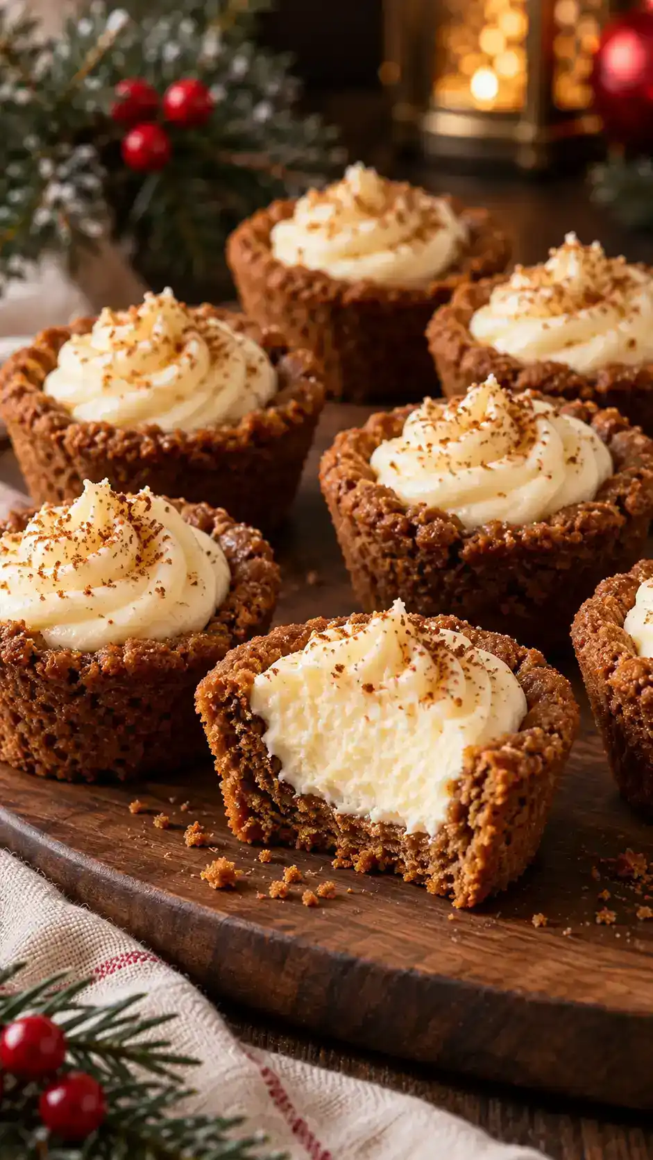 Gingerbread cookie cups with sturdy baked walls and a generous piped swirl of no-bake cinnamon cheesecake filling.
