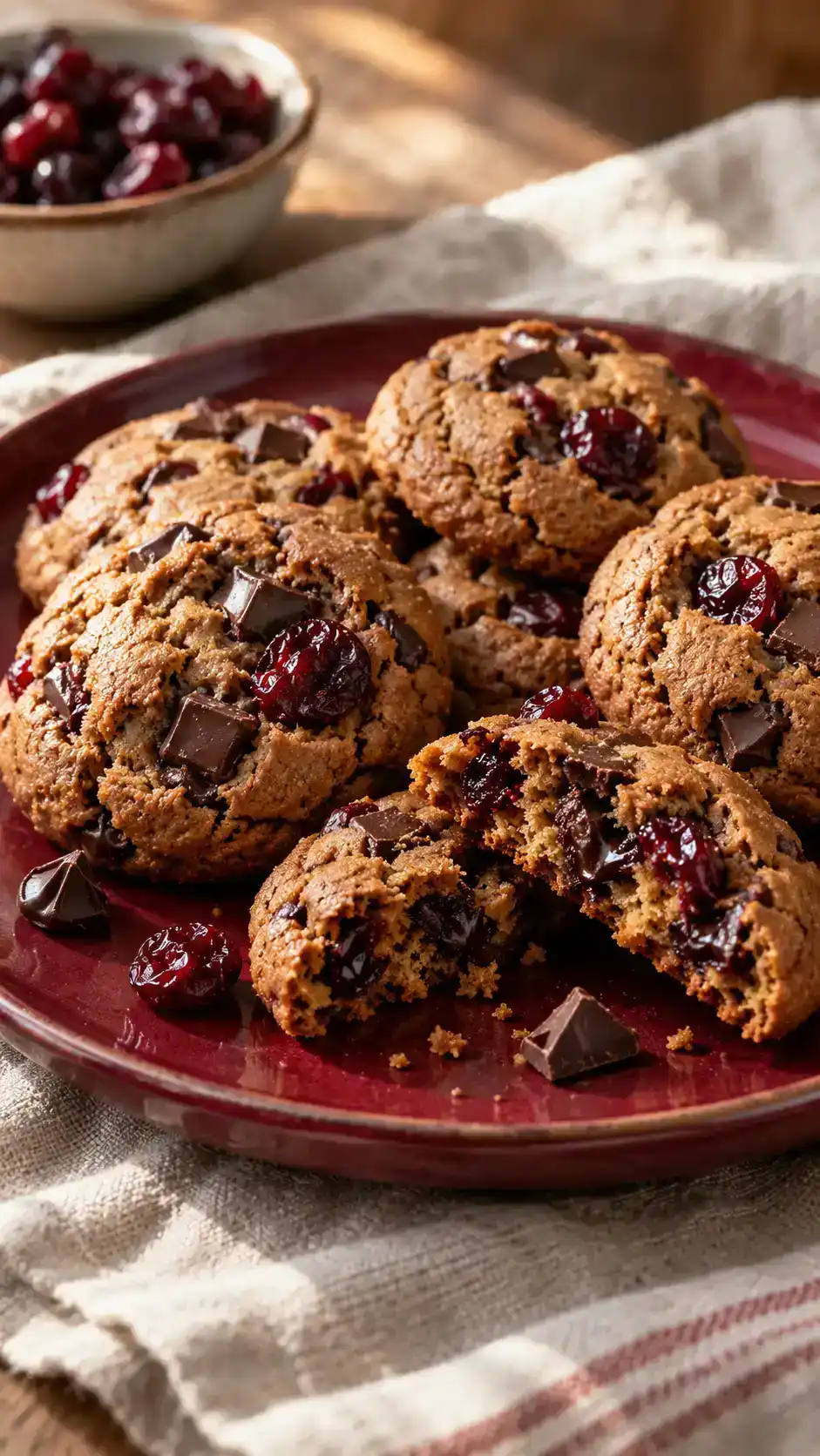 Cherry chocolate gingerbread cookies with chewy dried cherries and distinct semi-sweet chocolate pockets in a molasses dough.