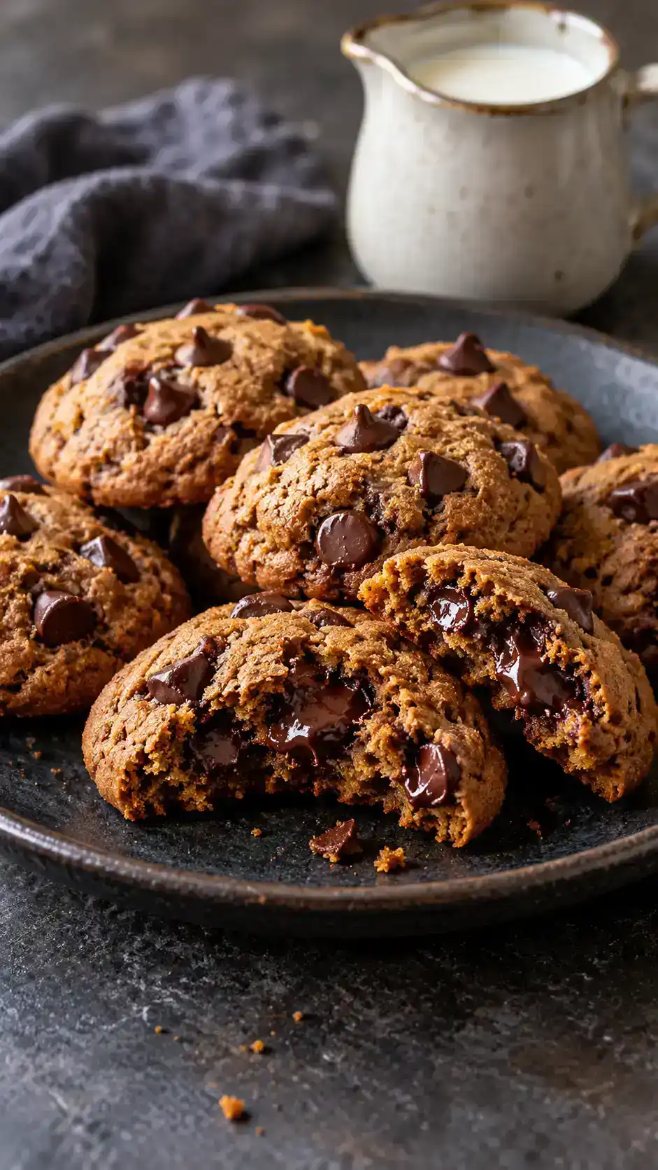 Soft chocolate chip gingerbread cookies with a warmly spiced molasses dough and distinct semi-sweet chocolate chips.