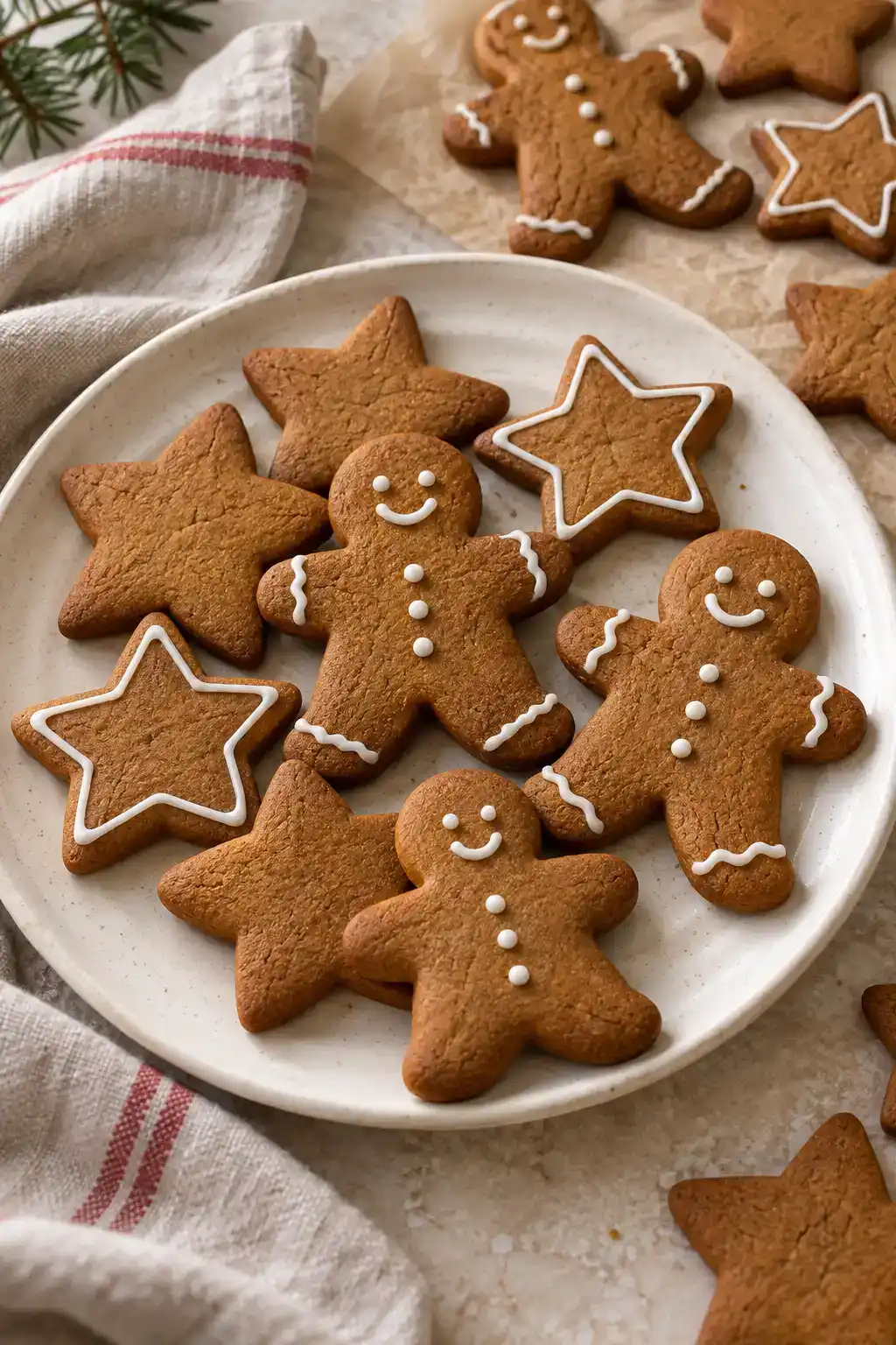 Classic gingerbread cut-out cookies decorated with white royal-icing details, arranged on a plate.