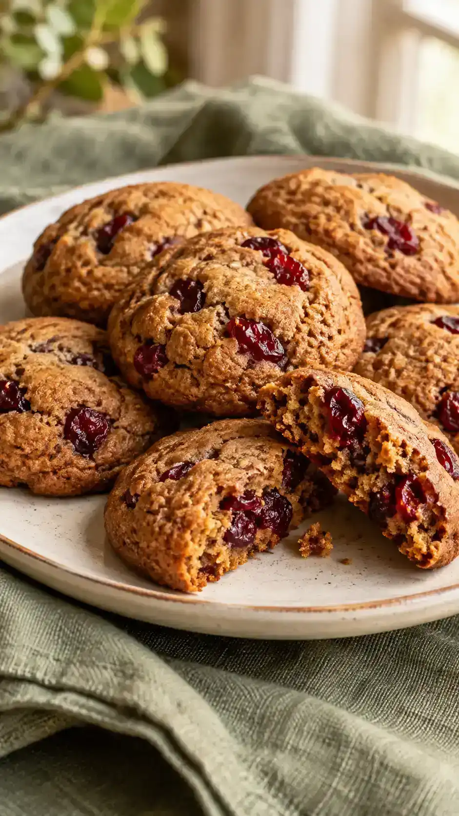 Chewy cranberry gingerbread drop cookies with visible ruby dried cranberries throughout the warmly spiced molasses dough.