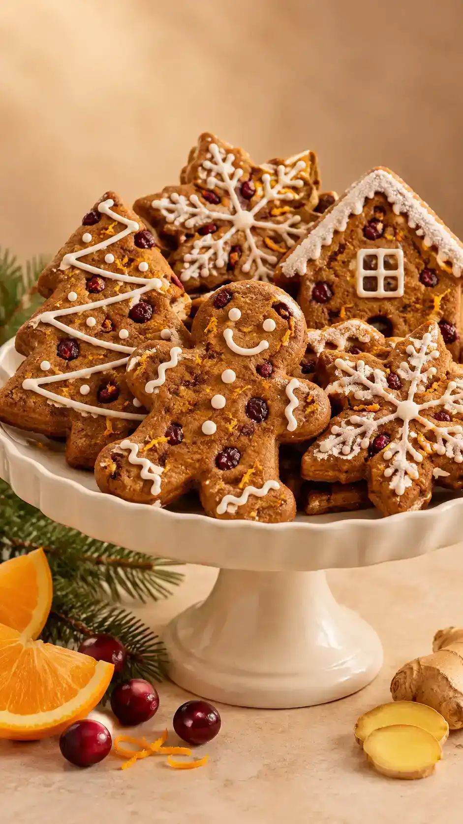 Cranberry orange gingerbread cut-outs with ruby dried cranberry pieces and fragrant orange zest visible in the spiced dough.