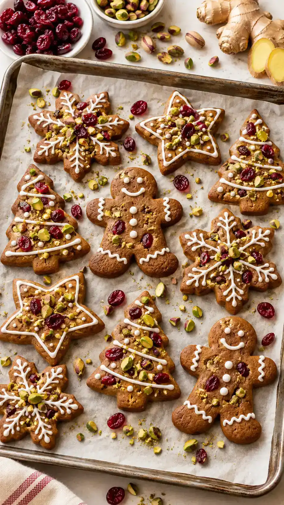 Cranberry pistachio gingerbread cut-outs with ruby dried cranberries and green chopped pistachios attached to white icing details.