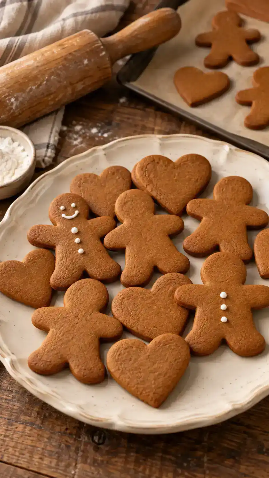 Homemade gingerbread people and heart cookies on a cream plate with a rolling pin in the background