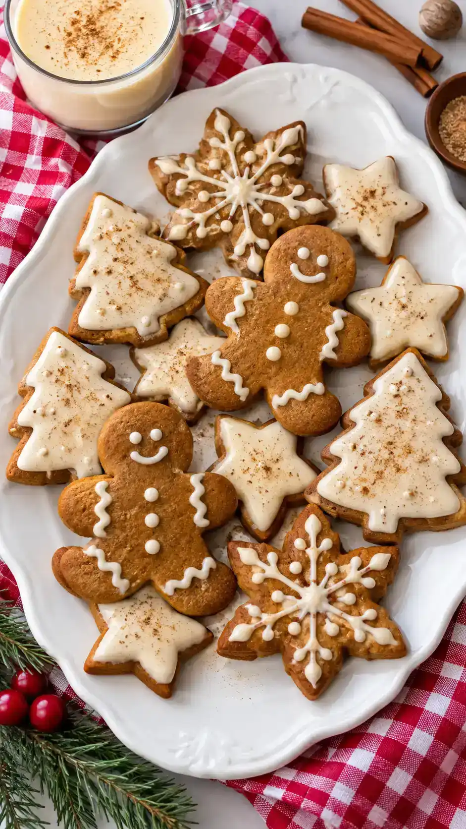 Classic gingerbread cut-outs topped with creamy eggnog icing and a fine dusting of nutmeg.