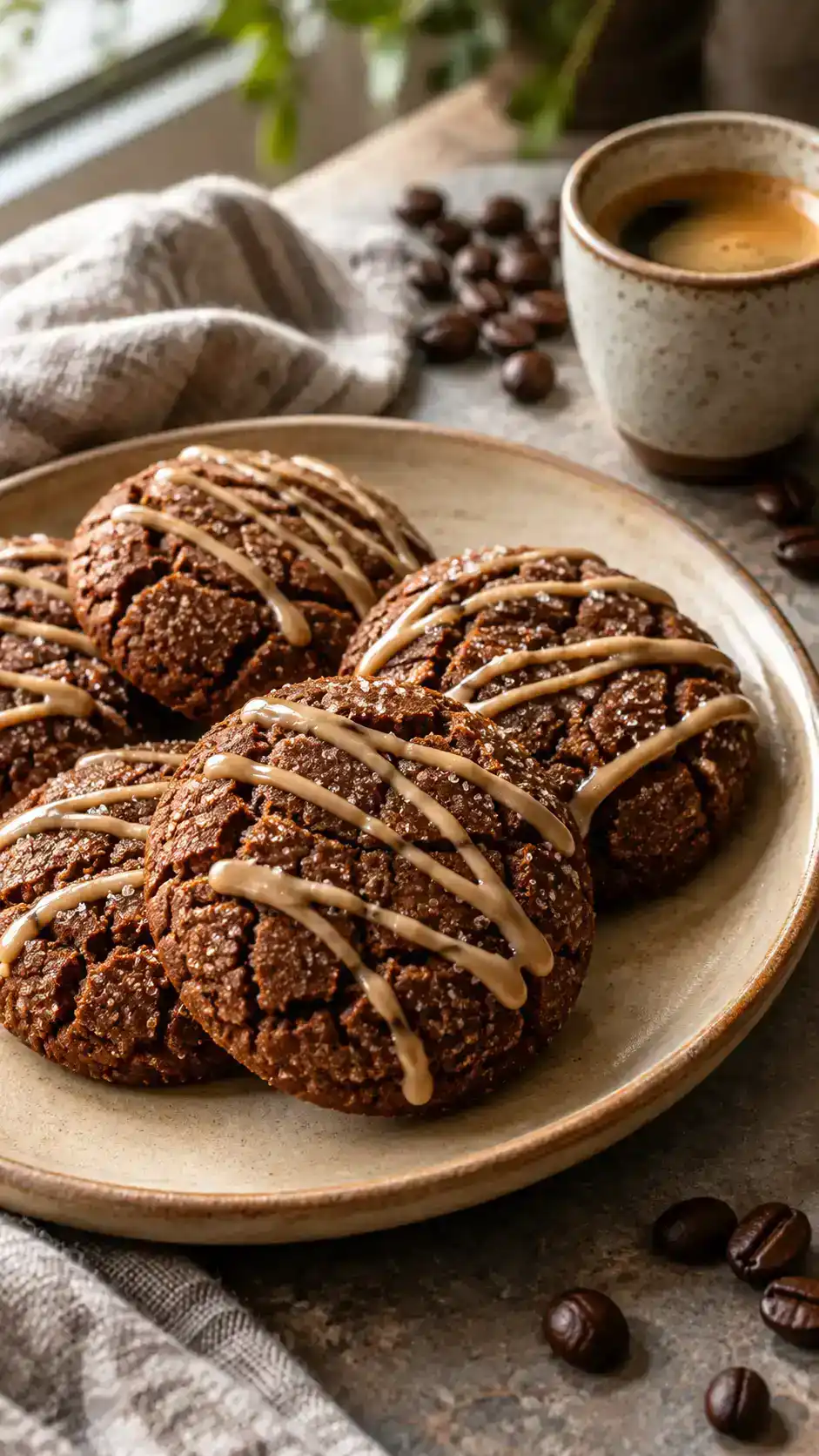 Espresso gingerbread cookies with a soft molasses center and a light coffee glaze, without cocoa or chocolate chips.