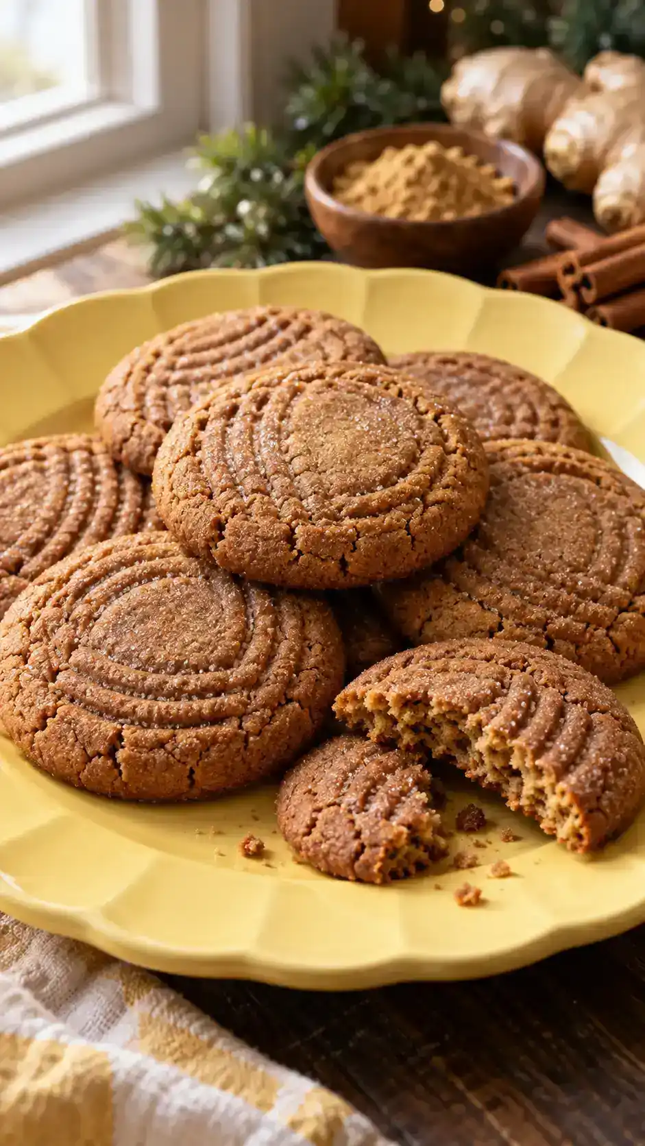 Fine-crumb gingerbread-spiced butter cookies, pressed into small rounds with simple fork markings.