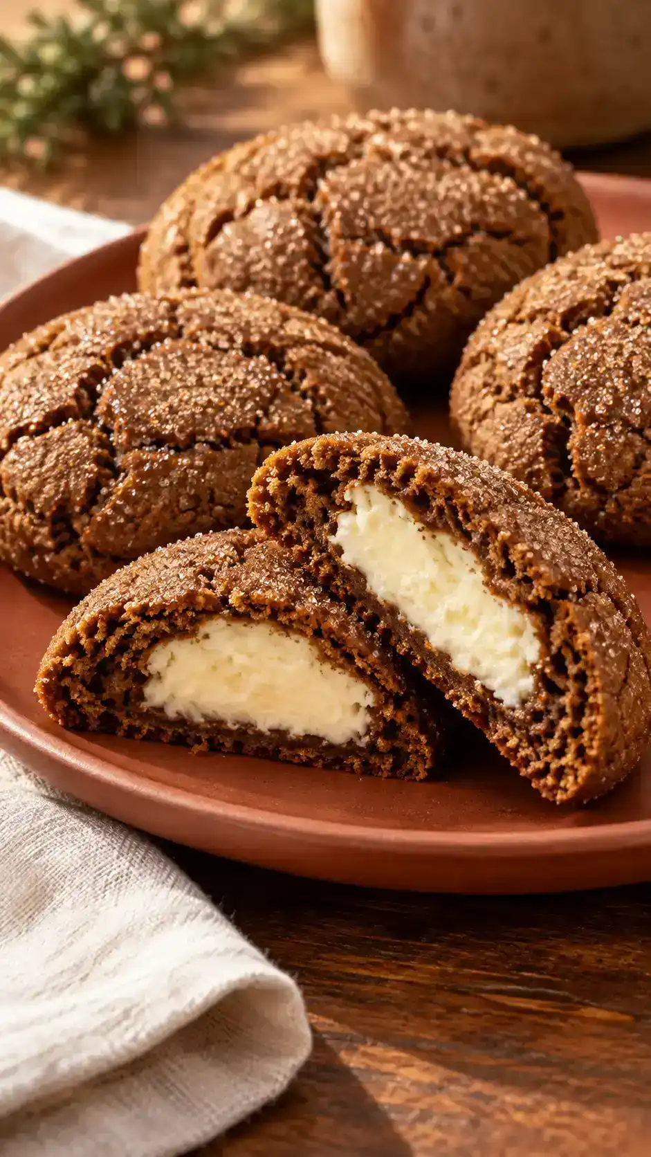 Chewy gingerbread cheesecake cookies with a creamy white center fully enclosed in the baked molasses dough.