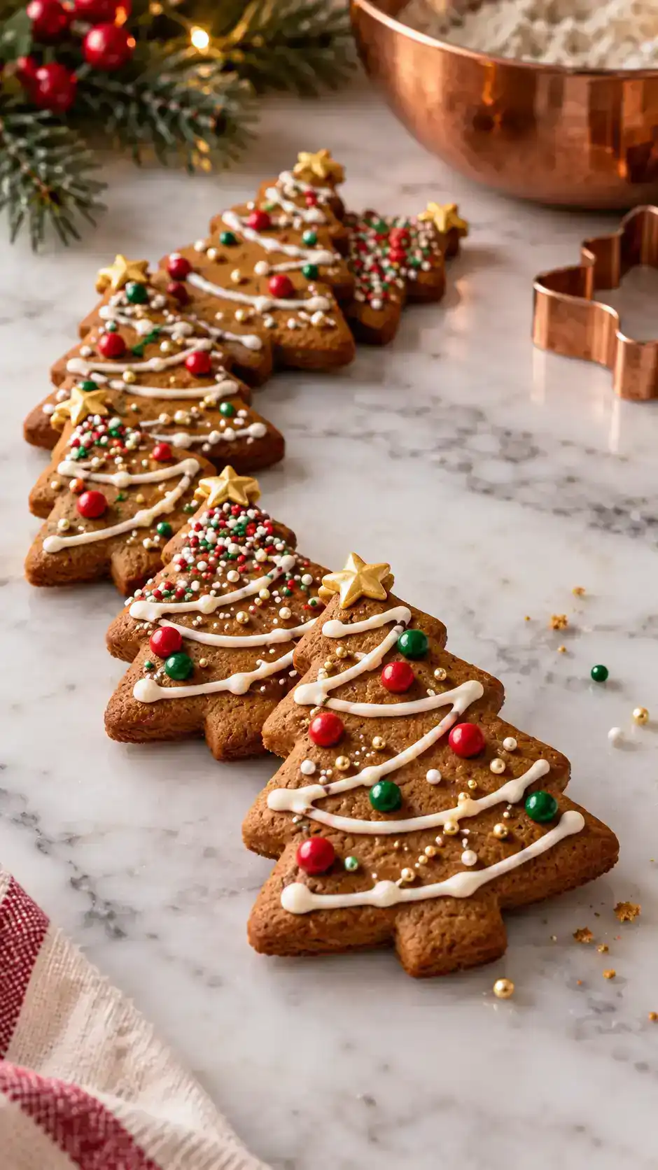 Christmas tree gingerbread cut-outs with piped garlands and tiny icing ornaments, made with molasses, ginger and cinnamon.