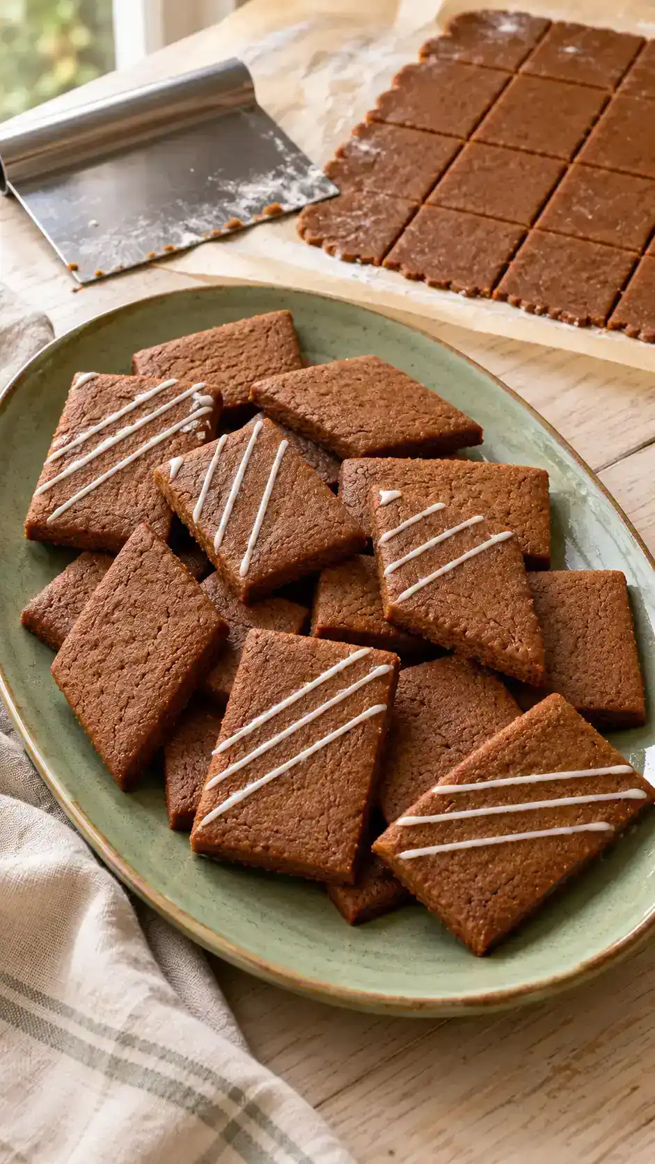 Hand-cut rectangular gingerbread cookies with straight knife-cut edges and simple icing lines, made without cookie cutters.