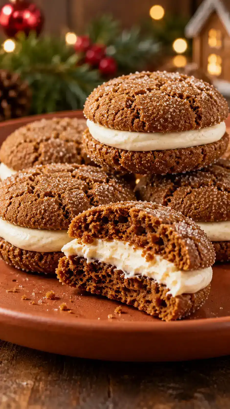 Sugar-crusted molasses gingerbread sandwich cookies with a generous vanilla cream cheese filling and soft, spicy centers.