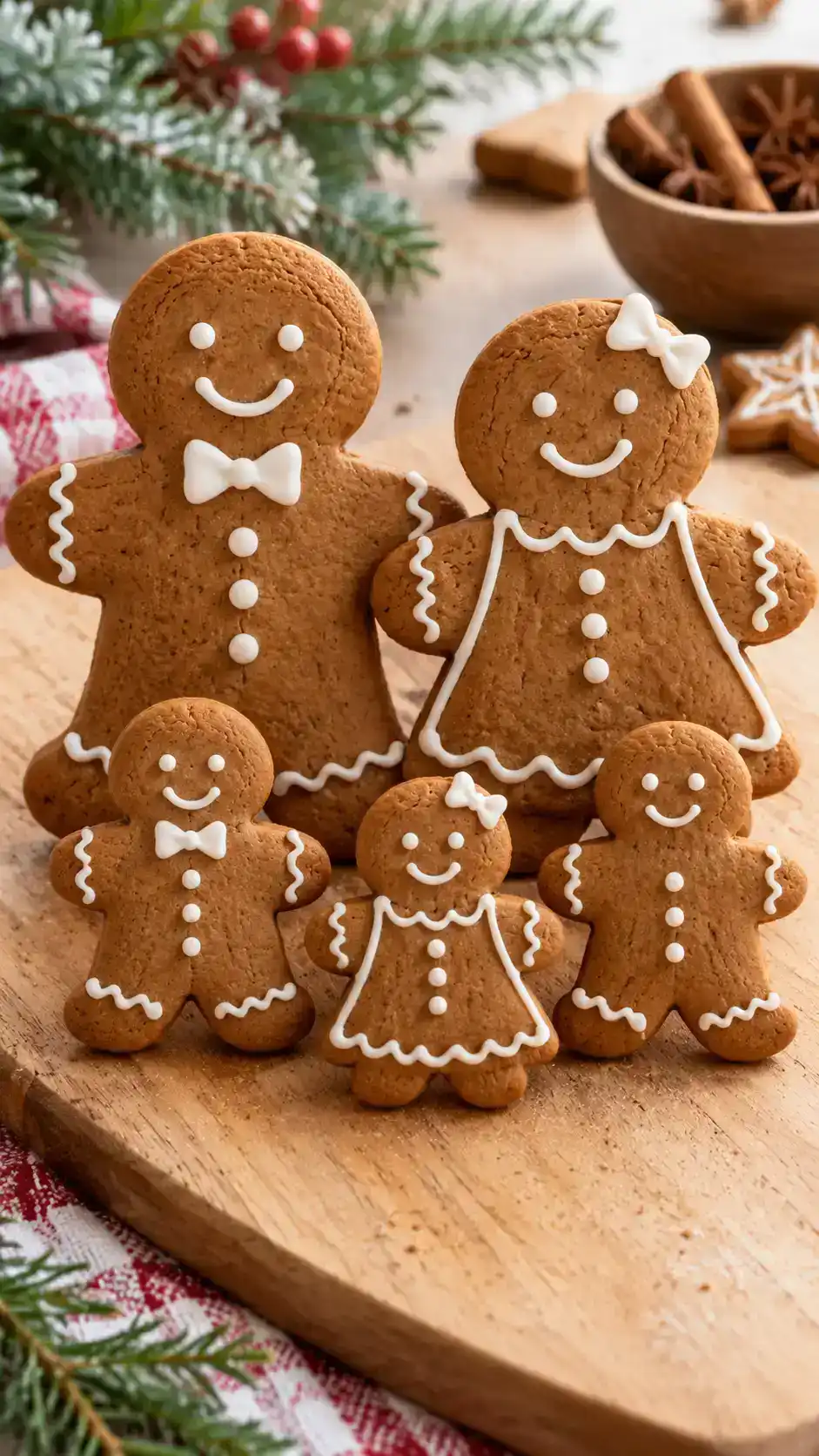 Gingerbread family cookies with large parents, little children and simple white icing smiles for a charming Christmas cookie platter.