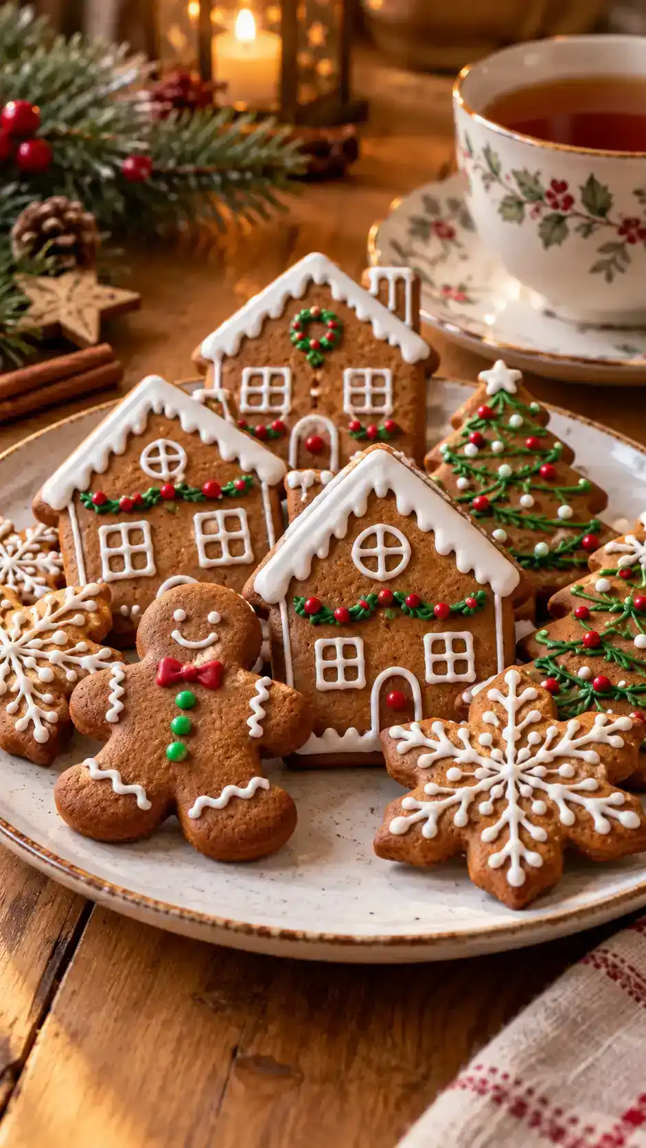 Flat gingerbread house cookies with white icing roofs, windows and doors: a festive decorating project with a classic molasses dough.
