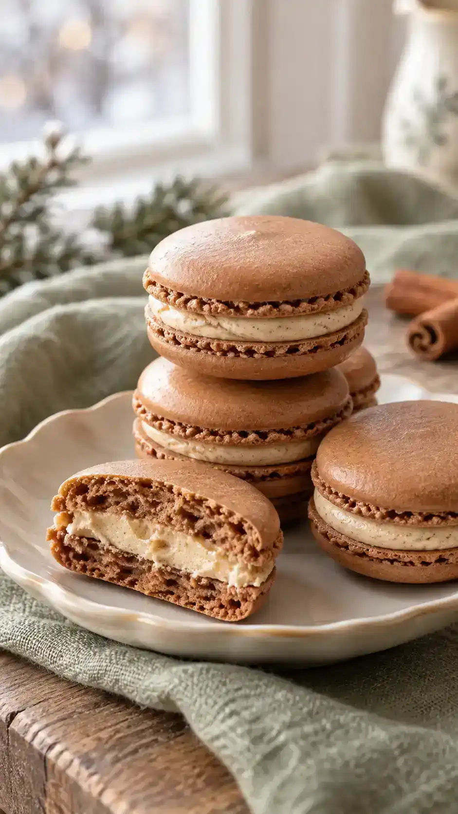 Smooth gingerbread-spiced almond macarons with delicate ruffled feet and a creamy molasses buttercream center.